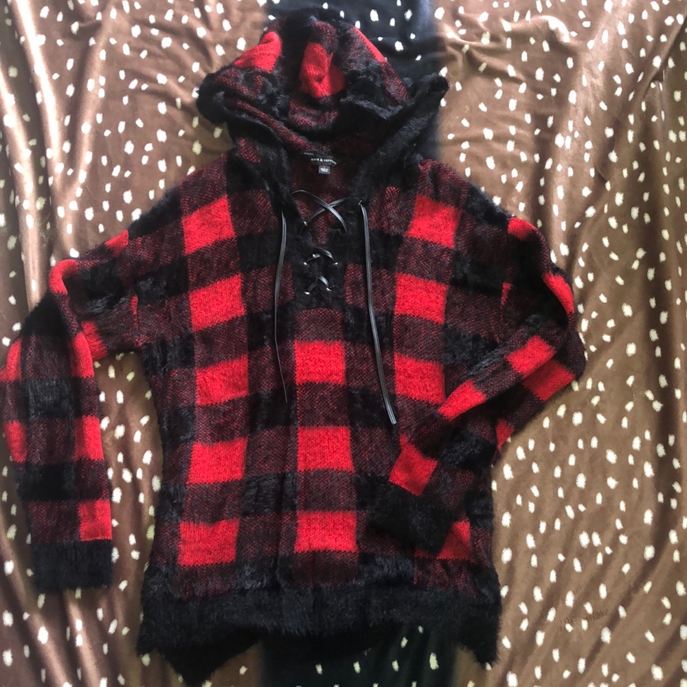 Buffalo plaid hooded, with leather lace up front.